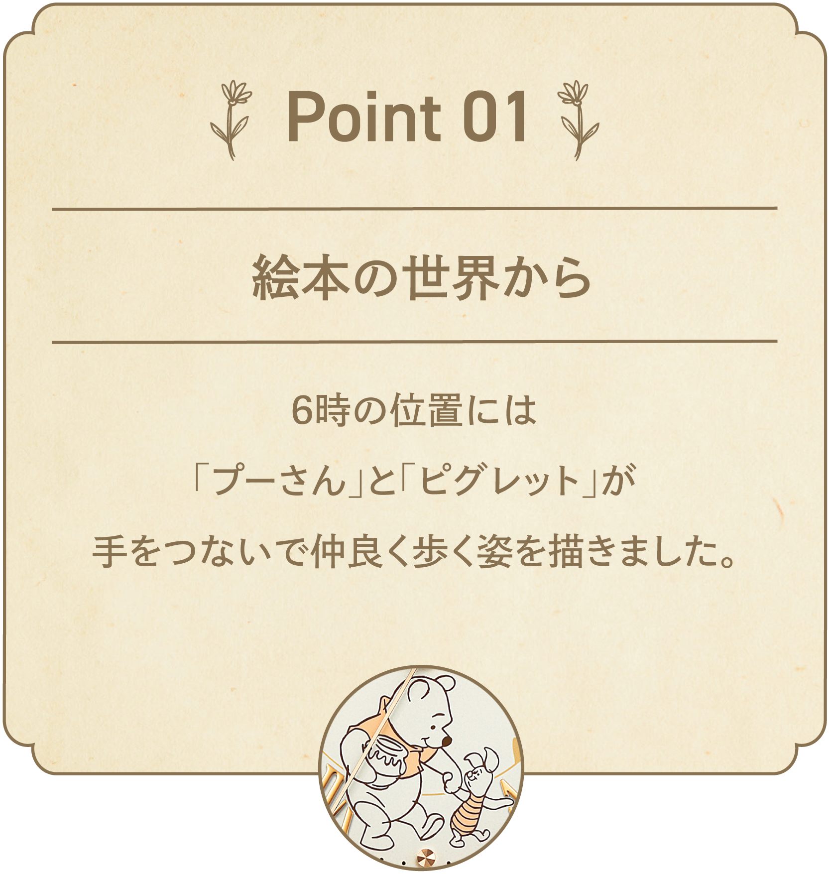 POINT 01 6時の位置には「プーさん」と「ピグレット」が手をつないで仲良く歩く姿を描きました。